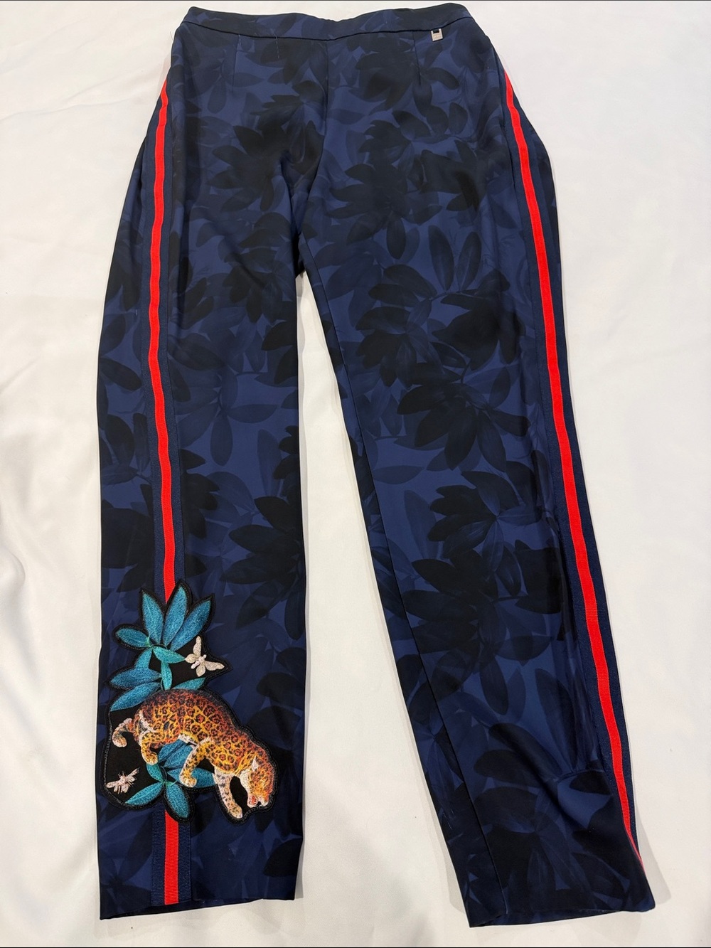 Ted Baker Blue Floral Jacquard Trousers Side Embroidered Tiger Accent Size 2